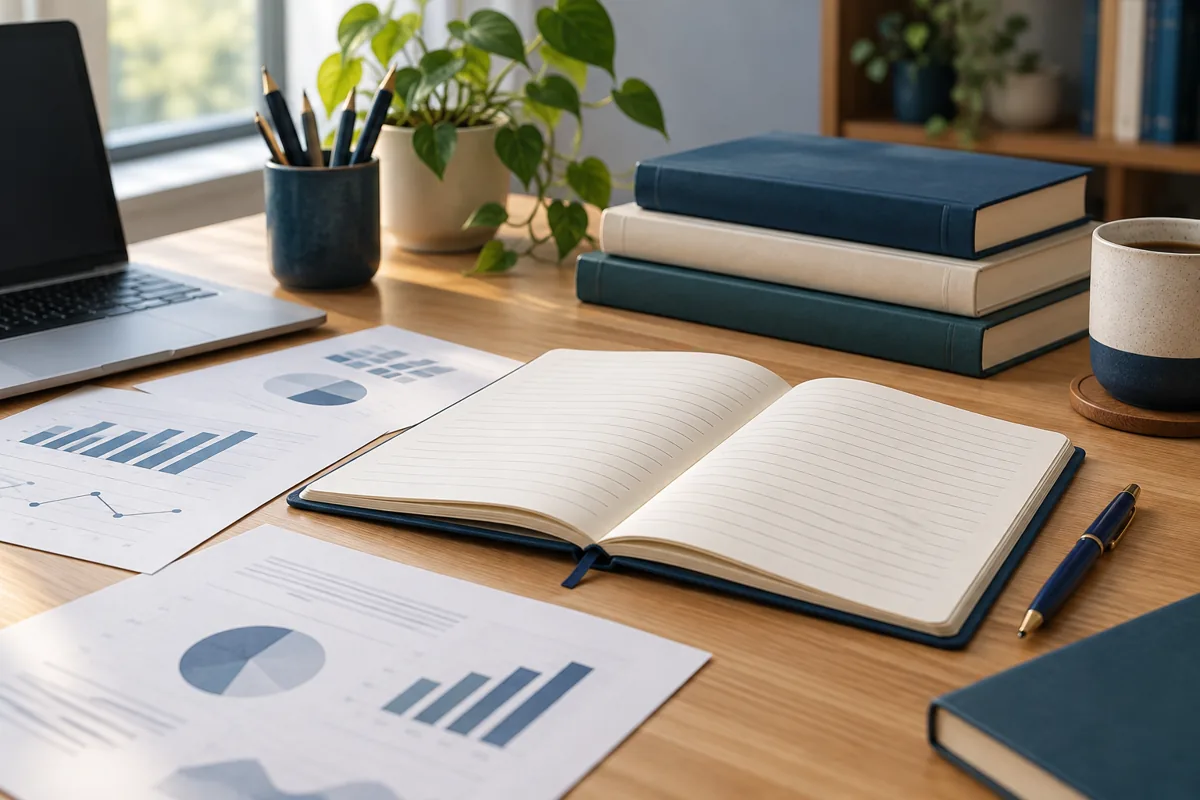 Caderno aberto e folhas de análise sobre uma mesa de pesquisa, representando a síntese final da dissertação.