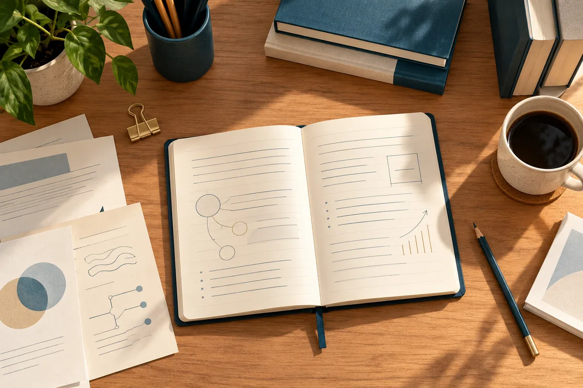 Caderno e folhas de pesquisa sobre uma mesa, ilustrando a organização do resumo da dissertação.