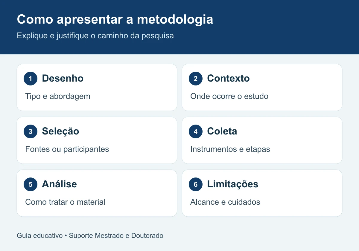 Como apresentar a metodologia: desenho, contexto, seleção, coleta, análise, limitações.