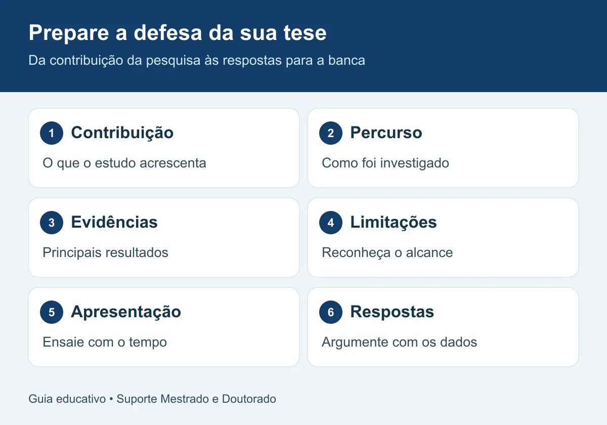 Prepare a defesa da sua tese: contribuição, percurso, evidências, limitações, apresentação, respostas.